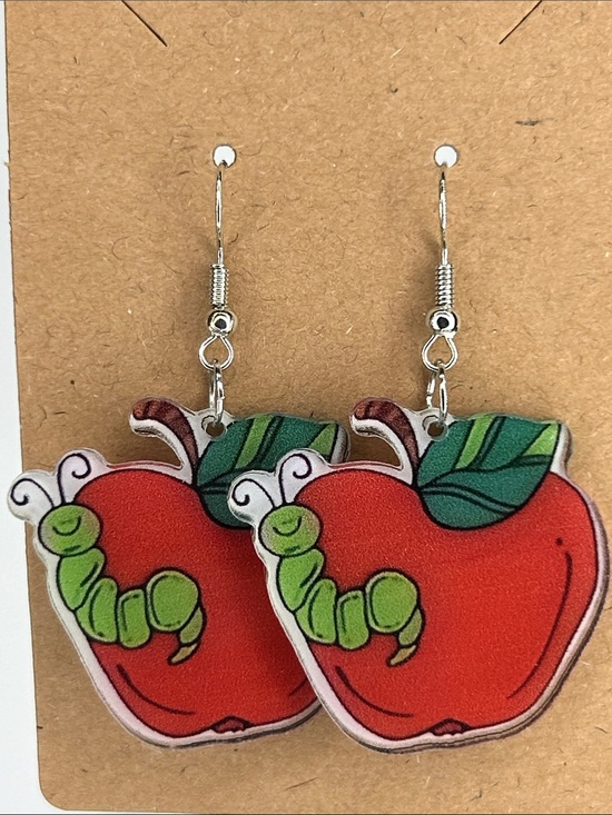 Fashion Jewelry Jewelry - Red Apple Worm Teacher Dangle Earrings - Fun School Accessory Fashion Jewelry